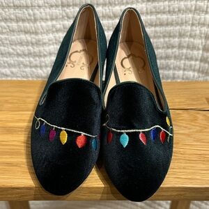 C Wonder Festive Velvet Dark Green Loafers with Colorful String Light Embroidery